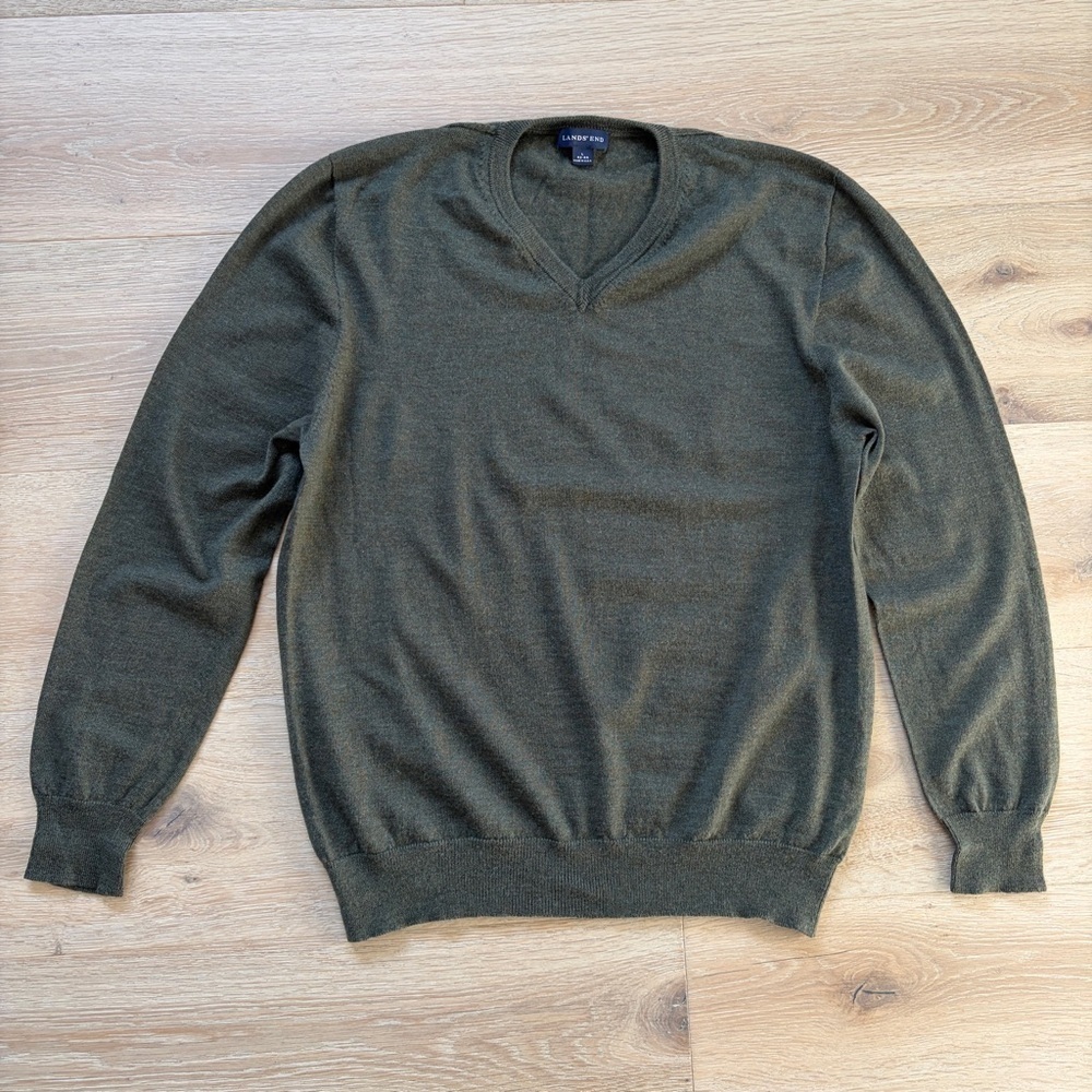 Lands End Mens Wool V Neck Sweater Large 42 44 USA Made Grandpa Dad Green*T15